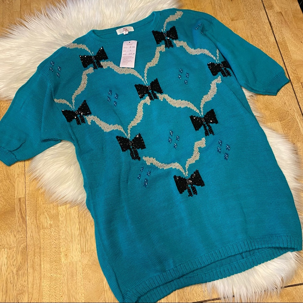 IA Knits Philippines Beaded Sequins Bows Sweater M NWT - Picture 1 of 7